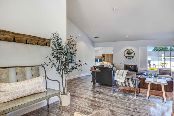 Bright modern open-plan living room with wood-look flooring, metal entry bench and potted olive tree, cozy leather sectional, striped accent chair, wooden coffee table and a large window flooding the space with natural light.