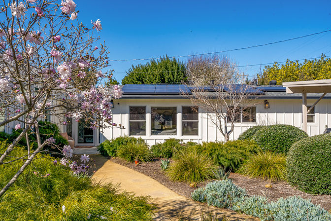 Sunny single-story white home with rooftop solar panels, manicured drought-tolerant front yard and a pink flowering tree lining a winding path under a clear blue sky.