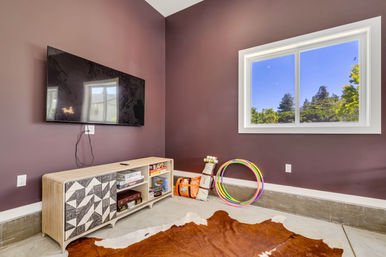 Modern playroom corner with wall-mounted flat-screen TV on plum walls, light wood storage cabinet with board games, colorful hula hoops and toy bag on concrete floor, cowhide rug and bright window view of trees