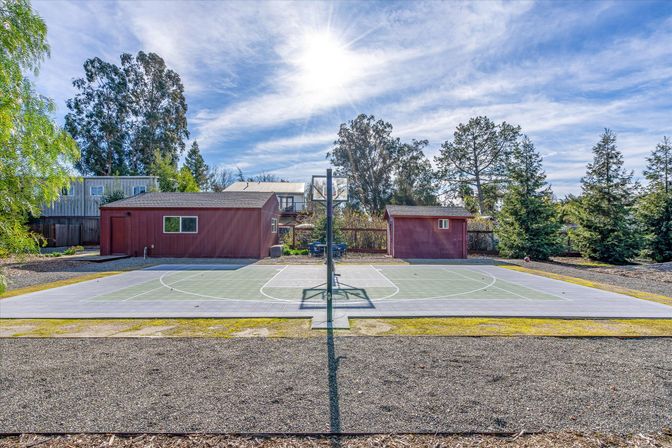 Sunny residential backyard with outdoor basketball court and centered hoop casting a long shadow, flanked by two red storage sheds and tall trees