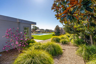 Sunny outdoor pool area with modern poolhouse and lounge chairs, bright green lawn, pink magnolia blooms and a gravel garden path bordered by clumps of ornamental grasses and magnolia trees.