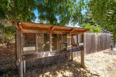 Sun-dappled rustic raised wooden hutch with multiple compartments and wire-mesh doors in a shady backyard beside a wooden fence