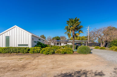 Sunny single-story white house with board-and-batten siding, a tall palm tree, manicured shrubs and a gravel driveway under a vivid blue sky