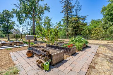 Sunny backyard with raised wooden garden beds of vegetables and flowers beside a paver path, green watering can, mailbox, outdoor seating area and mature trees.