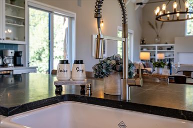 Sunlit modern kitchen island with a spring-coil stainless faucet over a white farmhouse sink, labeled soap and lotion dispensers on a small wooden stand, potted succulent on a black stone countertop and open-concept living area with chandelier in the background.
