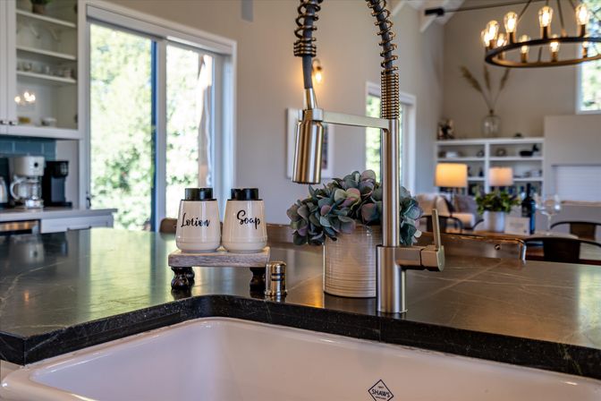 Sunlit modern kitchen island with a spring-coil stainless faucet over a white farmhouse sink, labeled soap and lotion dispensers on a small wooden stand, potted succulent on a black stone countertop and open-concept living area with chandelier in the background.