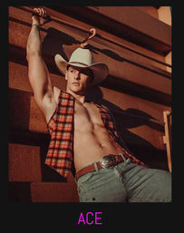 Shirtless man in a white cowboy hat and sleeveless plaid vest leaning on a corrugated metal wall, showing toned abs and jeans with a large belt buckle in a poster-style western pose (caption reads “ACE”).