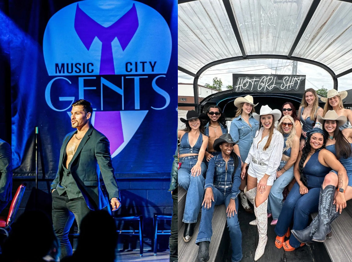 Split image: left — male performer in an open blazer on a blue-lit stage in front of a large tie logo and 'Music City' text; right — smiling group of women in denim and cowboy hats posing in the bed of a covered truck under a playful slogan sign.