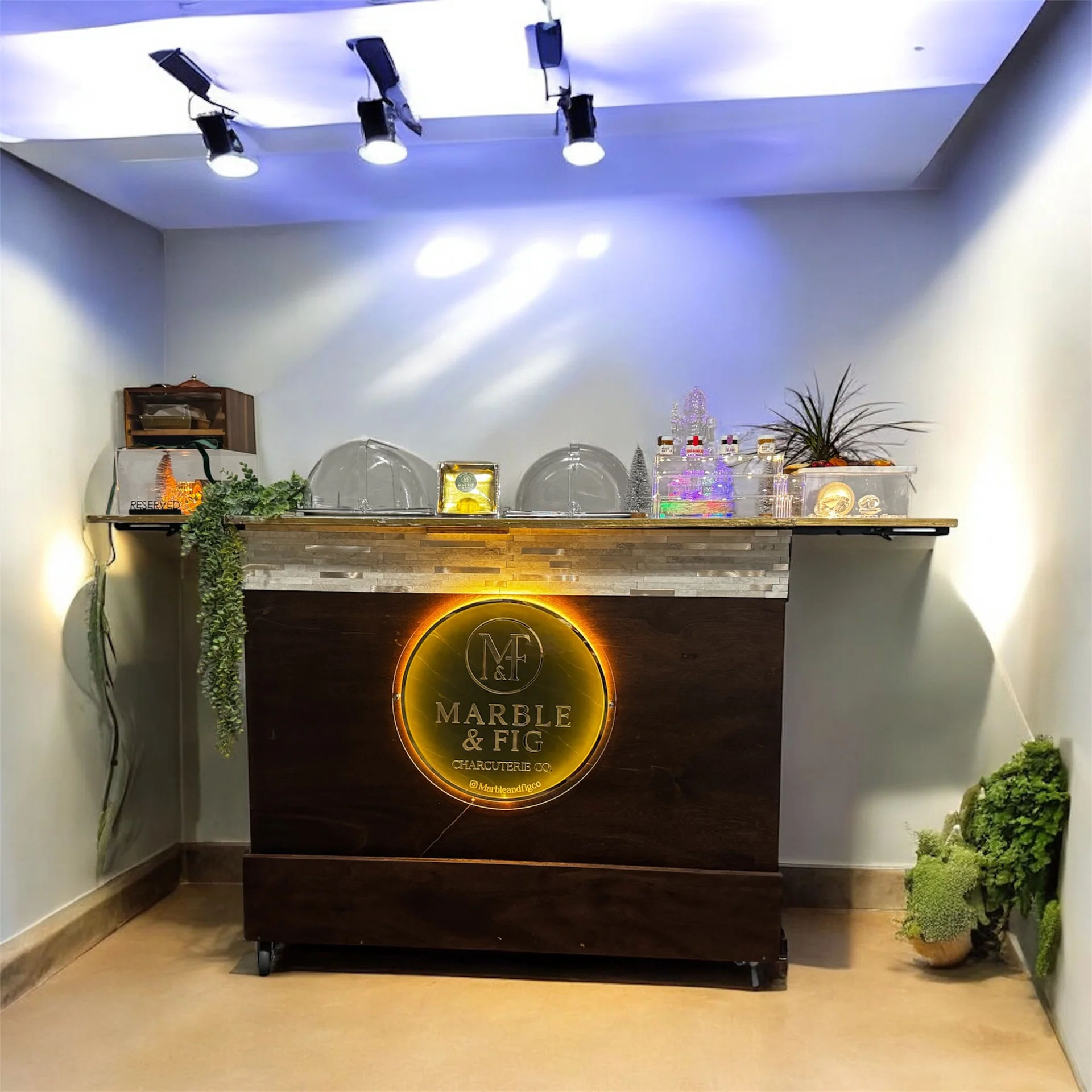 Cozy boutique charcuterie counter indoors with a warm backlit round logo on dark wood, glass display domes holding treats, colorful bottled display, overhead track spotlights and trailing greenery.