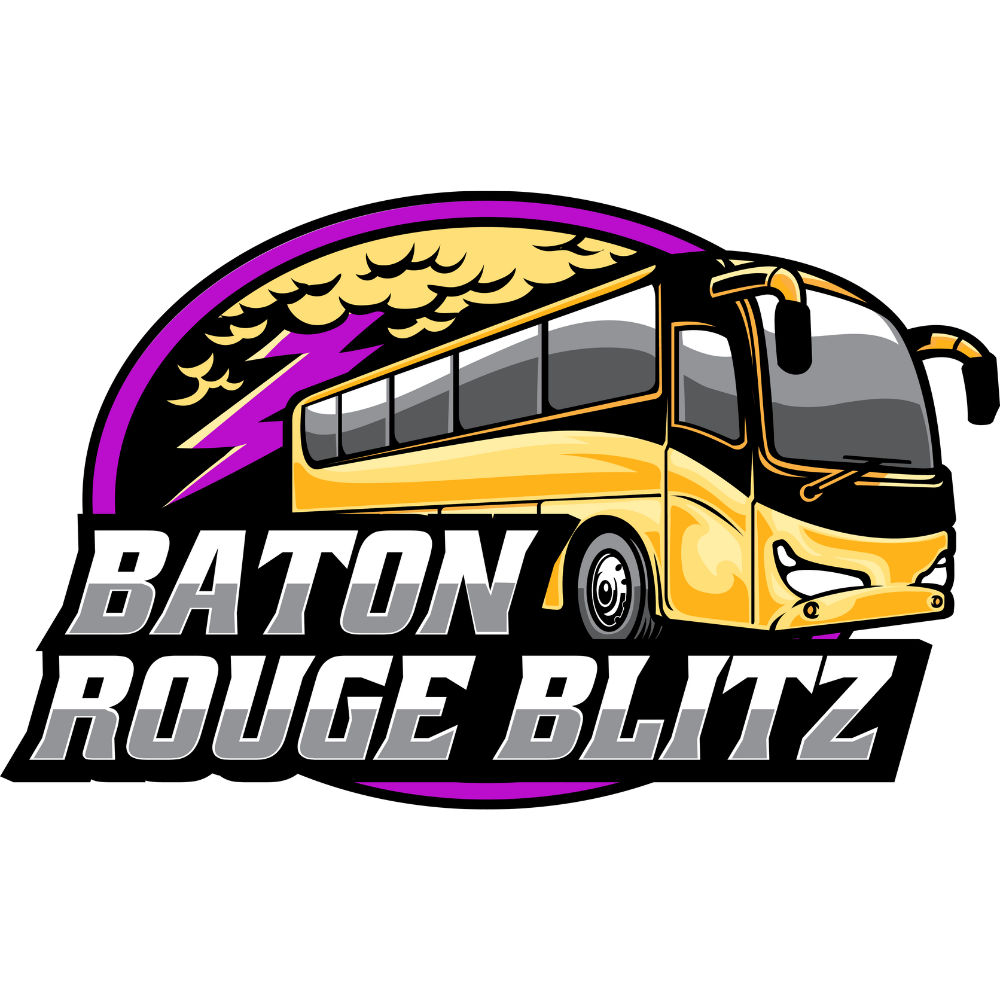 Bold logo of a yellow coach bus with purple lightning bolt and storm clouds, featuring large "Baton Rouge Blitz" lettering