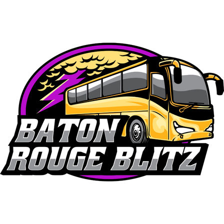 Bold logo of a yellow coach bus with purple lightning bolt and storm clouds, featuring large "Baton Rouge Blitz" lettering