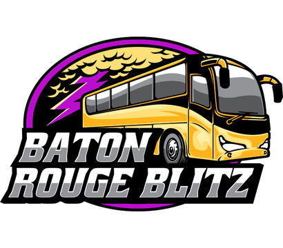Bold logo of a yellow coach bus with purple lightning bolt and storm clouds, featuring large "Baton Rouge Blitz" lettering
