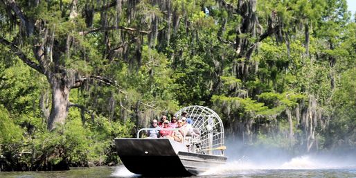 Airboat full of passengers zipping through a sunlit Louisiana cypress swamp draped in Spanish moss, leaving a spray of water behind.