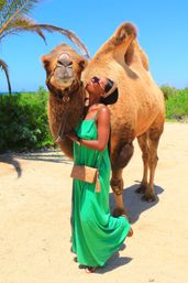 Woman in a flowing green maxi dress and sunglasses posing beside a dromedary camel on a sunny beachside path with palm trees and bright blue sky — tropical vacation photo