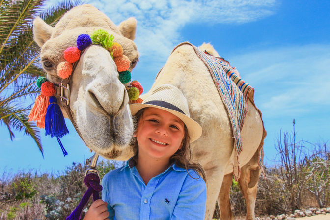 Smiling child in a straw hat posing with a colorfully decorated camel on a sunny beach with blue sky and palm fronds.