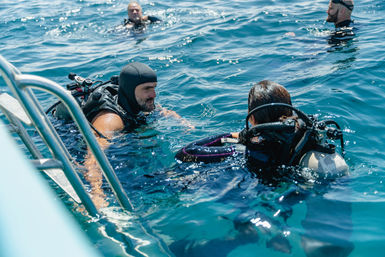 Scuba divers in sunlit clear blue open sea near a boat ladder, two checking gear and chatting while others float nearby.