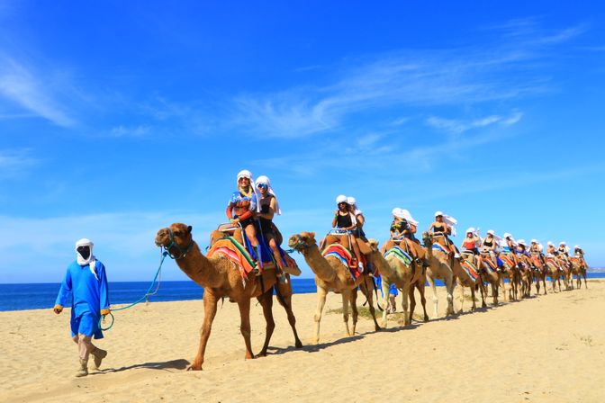 Sunlit camel caravan of riders wearing white headscarves led by a guide in a blue robe along a sandy beach beside a deep-blue sea under a clear sky