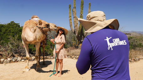 Smiling woman in a sun hat holding a rope as a camel nuzzles her in a sunny Baja desert scene with tall cacti, while a sun‑hatted guide in a purple shirt stands nearby