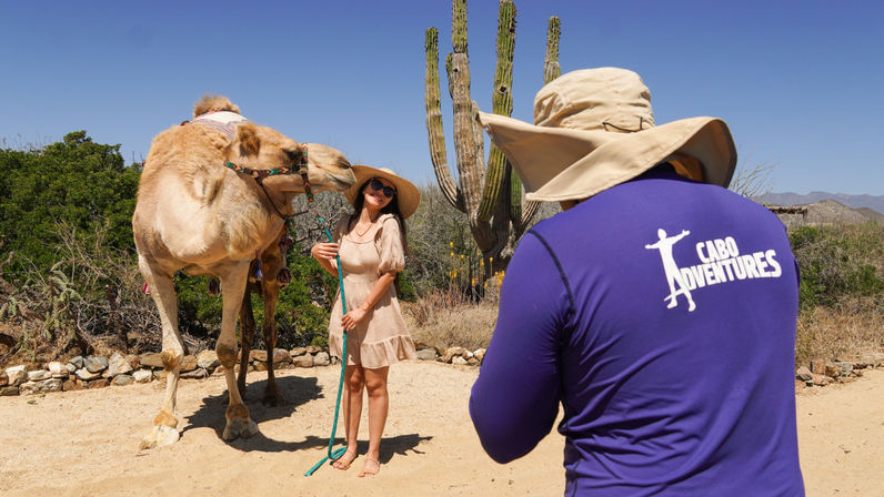 Smiling woman in a sun hat holding a rope as a camel nuzzles her in a sunny Baja desert scene with tall cacti, while a sun‑hatted guide in a purple shirt stands nearby