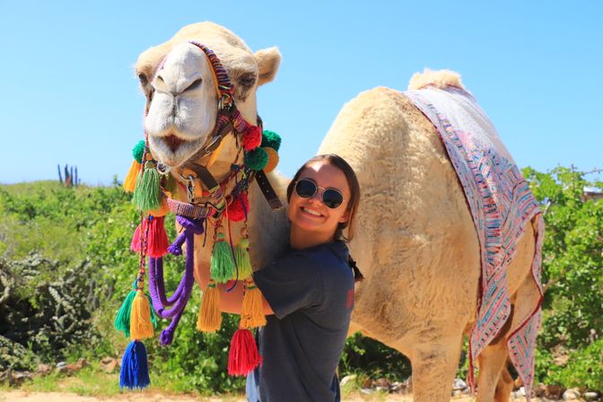 Smiling woman in sunglasses hugging a colorfully decorated camel with bright tassels and a patterned saddle blanket in a sunny outdoor setting.