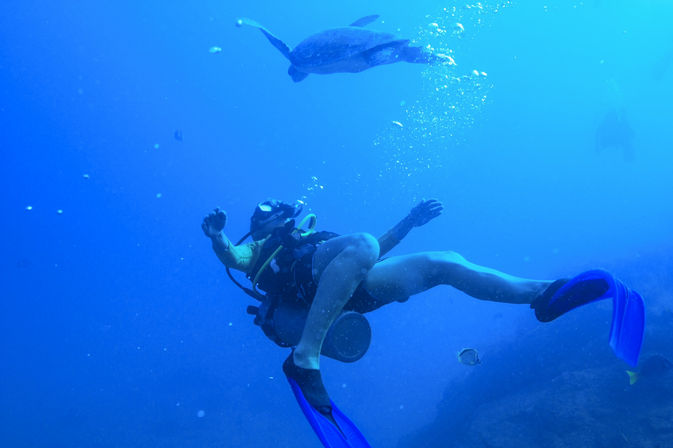 Scuba diver in clear blue ocean with bright blue fins and air tank, gliding beneath a sea turtle as bubbles rise and small reef fish swim nearby.