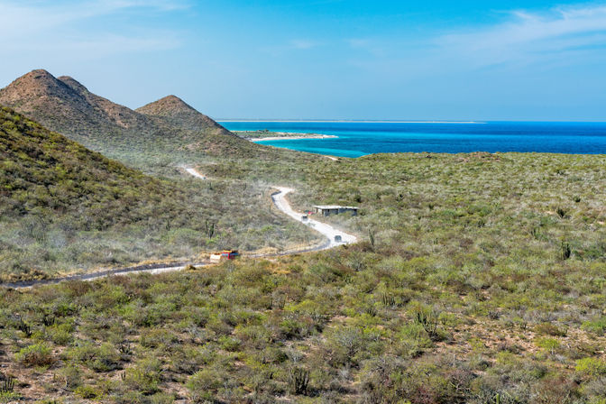 Winding dirt road snaking through coastal desert scrub and cacti toward turquoise ocean with twin hills under a clear blue sky
