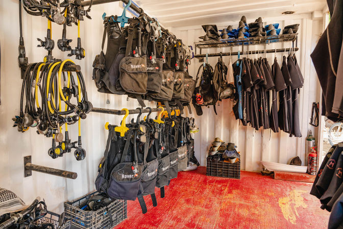 Organized scuba gear storage in a dive center container: black buoyancy vests (BCDs) hanging on racks, yellow-hosed regulators coiled on hooks, wetsuits on hangers, dive boots and fins on shelves above a worn red floor.