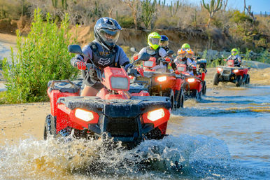 Group of ATV riders on red quads splashing through shallow water on a cactus-studded desert off-road trail, helmets on.
