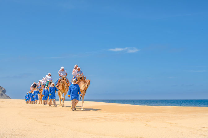 Coastal camel caravan with riders and guides in blue robes walking along a golden sandy beach under a clear blue sky and calm ocean horizon