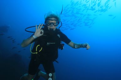 Scuba diver giving OK hand signal in clear blue ocean with a large school of fish in the background, vibrant open-water diving scene with regulator and gear visible.