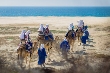 Sunny camel caravan of tourists riding along sandy coastal dunes, led by guides in blue robes with turquoise ocean on the horizon.