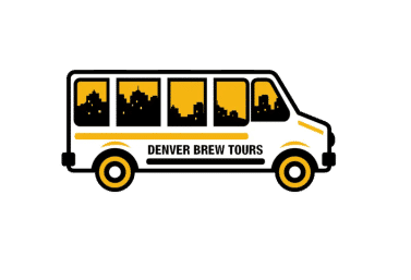 White shuttle van graphic with yellow accents and black city skyline silhouettes in the windows, side text referencing a Denver brewery tour