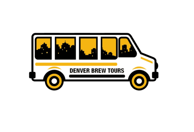 White shuttle van graphic with yellow accents and black city skyline silhouettes in the windows, side text referencing a Denver brewery tour