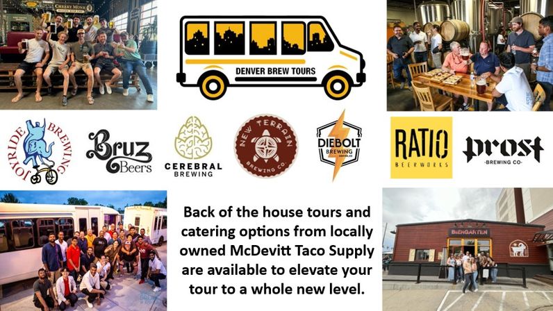 Collage of Denver-area brewery tour scenes — smiling tour groups by a shuttle, brewery taproom and production tanks, assorted brewery logos, and text about back‑of‑house tours and catering options.