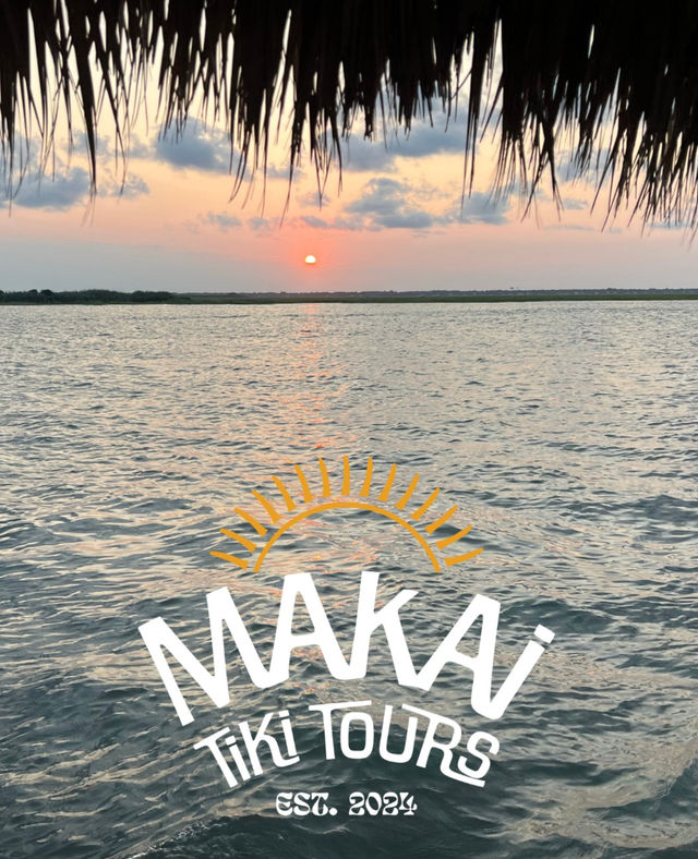 Tropical sunset over calm coastal waters framed by a thatched palapa roof, soft orange sun near the horizon reflecting on rippling water, with a white graphic logo overlay at the bottom.