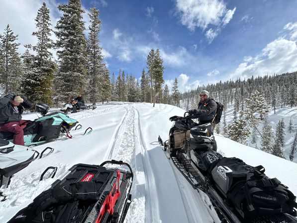 Backcountry mountain snowmobiling in fresh powder — riders paused on sleds with tracks leading over a sunlit snow-covered ridge, tall pine trees and a bright blue winter sky.