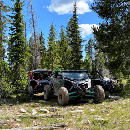 Two off-road UTV side-by-sides parked on a rocky mountain trail in a pine forest under a bright blue sky