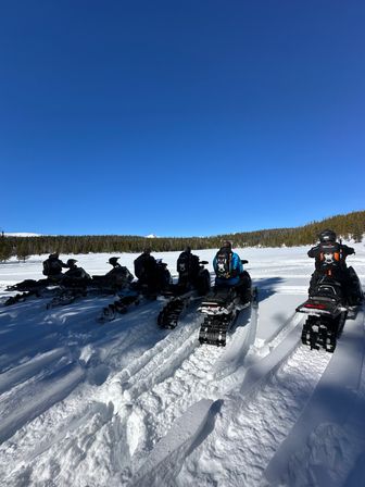 Group of snowmobilers lined up on a snowy alpine field with fresh tracks, pine forest backdrop and a vivid clear blue sky
