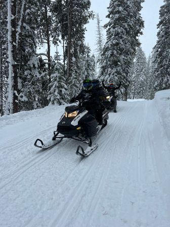 Two helmeted riders on snowmobiles riding a groomed snowy trail through tall, snow-covered pine trees in a winter mountain forest with fresh powder falling.