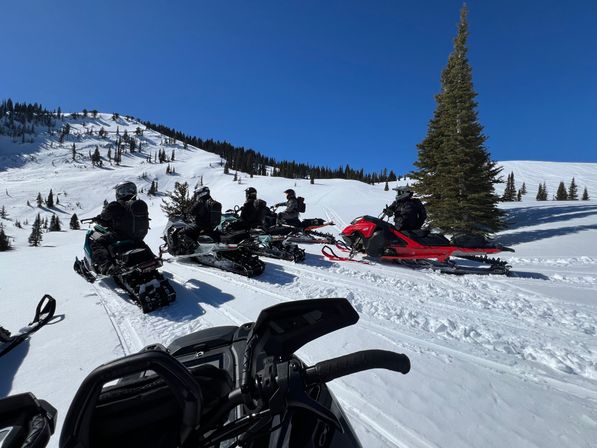Group of snowmobilers in helmets paused and ready to ride on a powdery alpine slope under a clear blue sky, colorful snowmobiles lined up near pine trees with snow‑covered mountain ridges in the background.