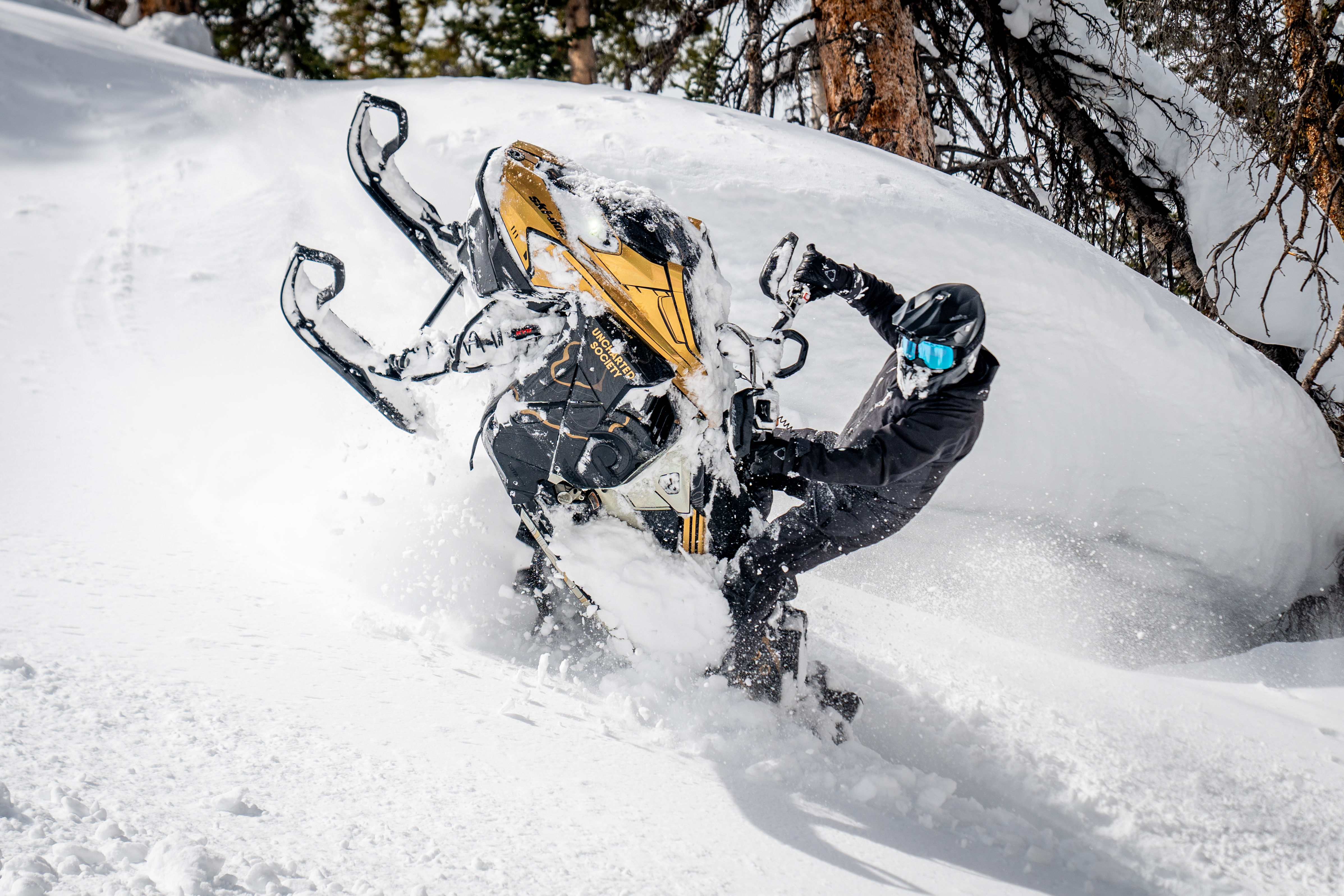 Snowmobiler in black gear and blue goggles lifts the front of a yellow snowmobile through deep powder near snow-covered trees in a mountain forest