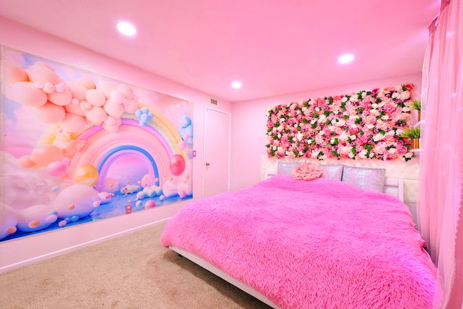 Playful pink bedroom interior with hot-pink faux-fur bedspread, sequin pillows, lush pink floral wall above the headboard, pastel rainbow-and-cloud mural on the side wall, and soft recessed lighting.