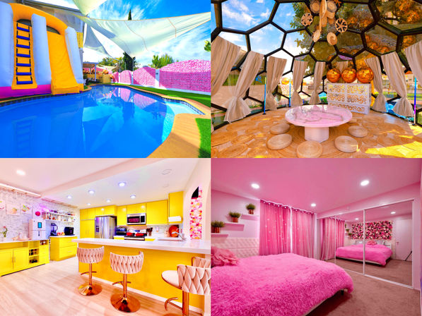 Vibrant collage showing a backyard pool with inflatable slide and shade sails, a hexagonal glass geodesic dome lounge with low floor seating, a sunny yellow modern kitchen with breakfast bar and swivel stools, and a pink bedroom with a fluffy bed and mirrored closet — colorful vacation rental interiors and outdoor amenities.