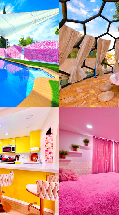 Vibrant collage showing a backyard pool with inflatable slide and shade sails, a hexagonal glass geodesic dome lounge with low floor seating, a sunny yellow modern kitchen with breakfast bar and swivel stools, and a pink bedroom with a fluffy bed and mirrored closet — colorful vacation rental interiors and outdoor amenities.