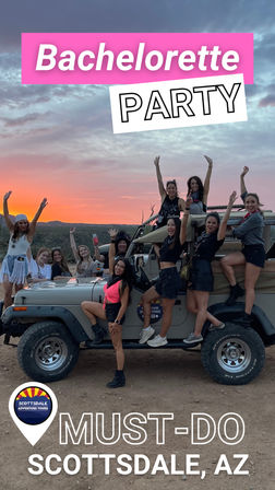 Bachelorette party group cheering on and around an open-top jeep at a colorful desert sunset near Scottsdale, AZ.