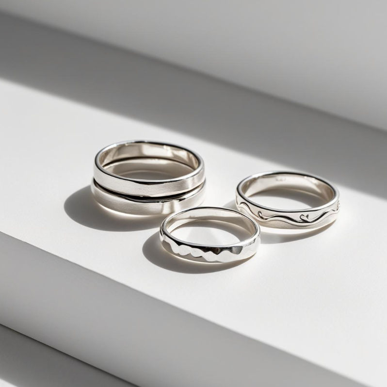 Close-up of three sterling silver stacking rings (smooth, hammered, wavy) on a white studio background with soft sunlight shadows — minimalist jewelry flatlay.