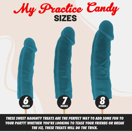 Three blue adult novelty gummy lollipops shaped like penises on sticks labeled 6, 7, 8 inches — playful bachelorette party favors and cheeky adult candy sizes.