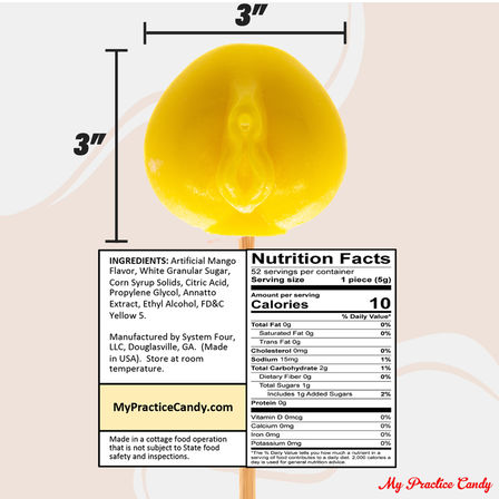 Bright 3-inch yellow mango-shaped lollipop on a wooden stick, pictured above a nutrition facts and ingredients label on a pale background