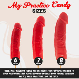 Three cheeky red phallic novelty gummy lollipops on sticks labeled 6, 7 and 8 inches against a light background with headline 'My Practice Candy SIZES' and promotional text below — adult bachelorette party favor and novelty candy.