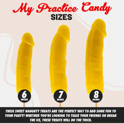 Three yellow novelty adult candy pops on sticks labeled 6, 7, 8 inches, shown side-by-side on a light background — playful bachelorette/party favor size comparison.